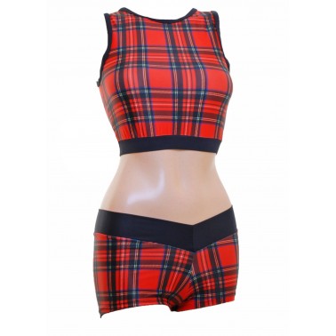 POLE DYNAMIX RED TARTAN CROP TOP&HOTPANTS - (#T1d/P2c)