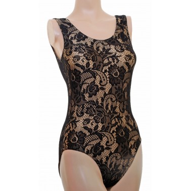 NICOLA  LEOTARD CARAMEL LYCRA OVERLAID WITH BLACK LACE