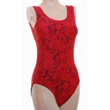 NICOLA  LEOTARD BLACK LYCRA OVERLAID WITH RED LACE