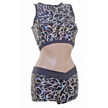 POLE DYNAMIX BLACK/SILVER FIRE HOLOGRAM CROP TOP&HOTPANTS (#t1h/p2i)