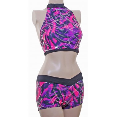 POLE DYNAMIX PURPLE/PINK SILVER METALIC HALTER NECK CROPTOP&NIX (#t4a/p2b)